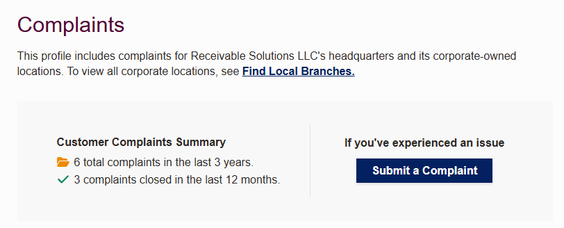 Receivable Solutions BBB Complaints