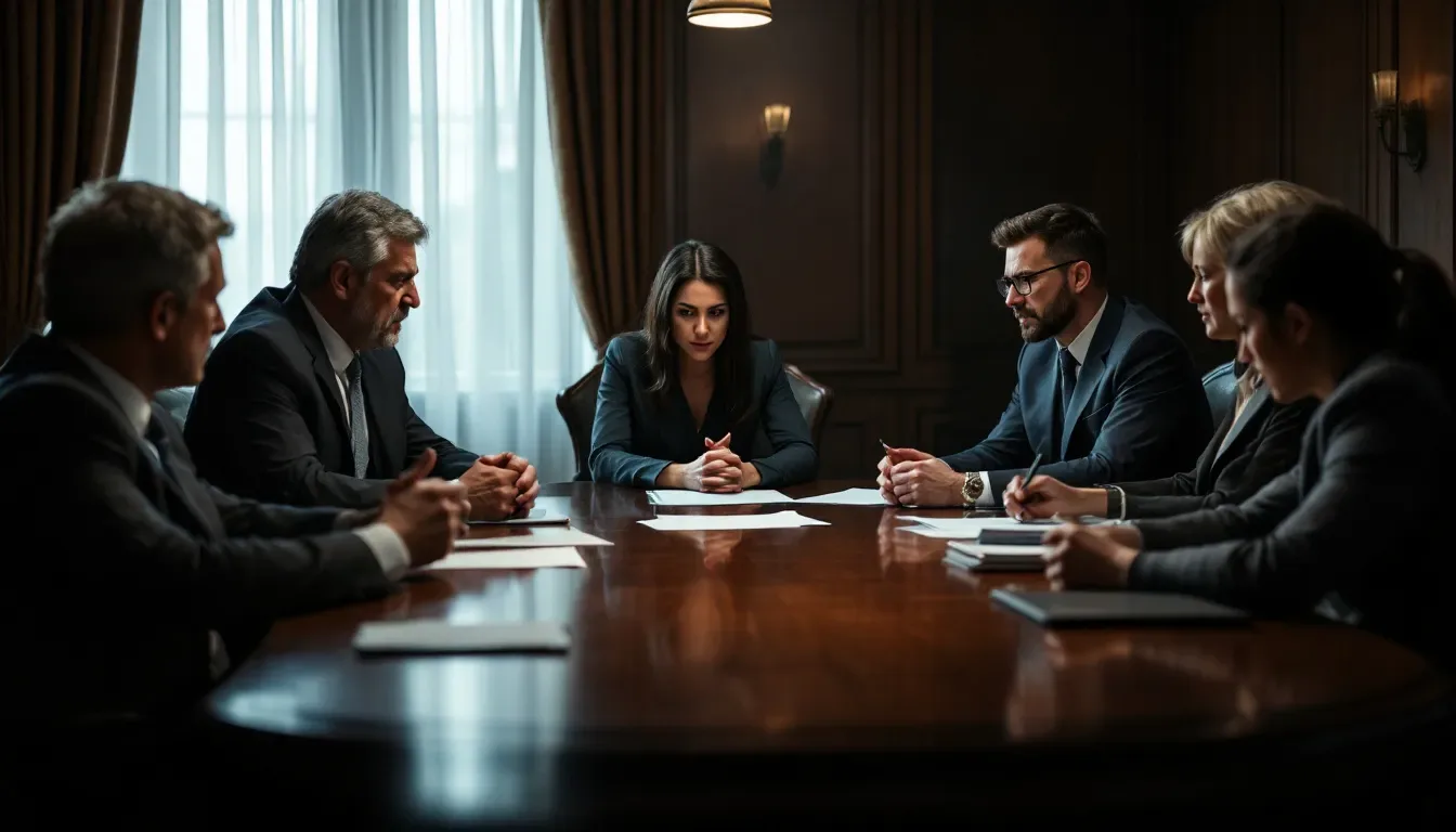 An illustration of a group at a bargaining table strategizing during settlement negotiations.