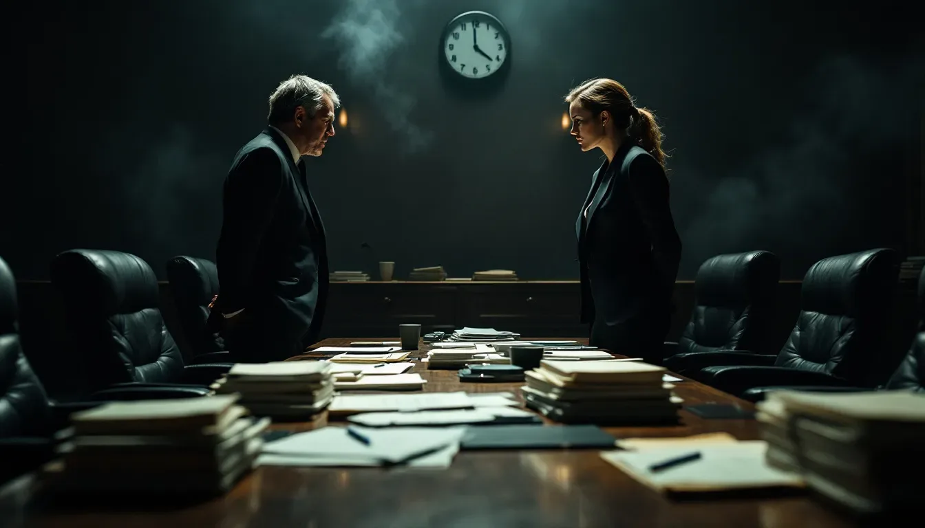 A blurred image of lawyers discussing strategies for settlement negotiations.