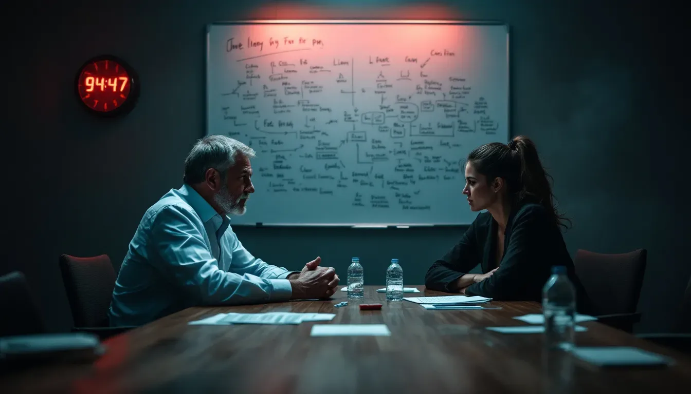 A visual representation of preparing for settlement discussions with legal documents and a planning board.