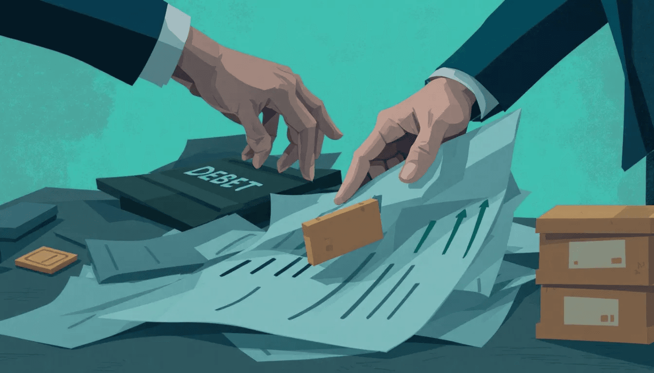 An illustration depicting the process of premier bank card debt collection.