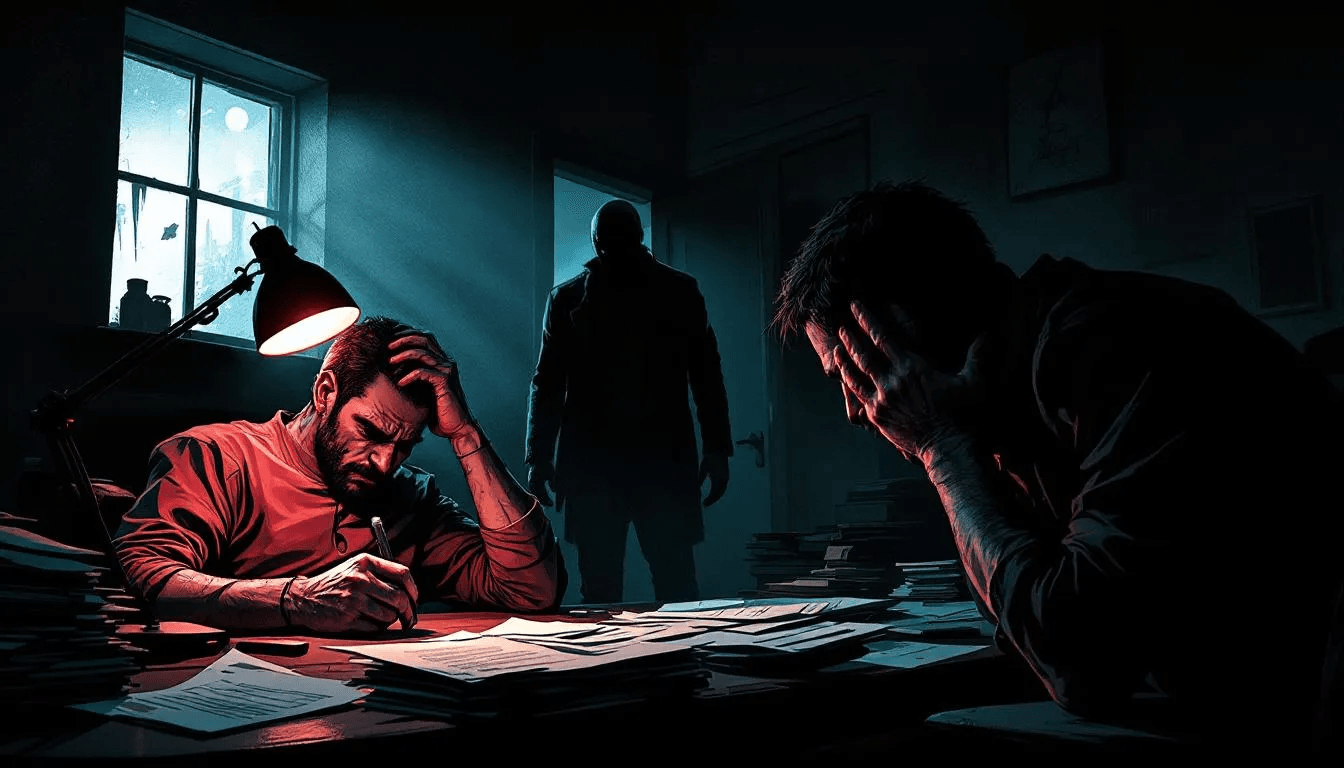 An illustration showing examples of illegal debt collection tactics, with a blurred image of a debt collector in the background.