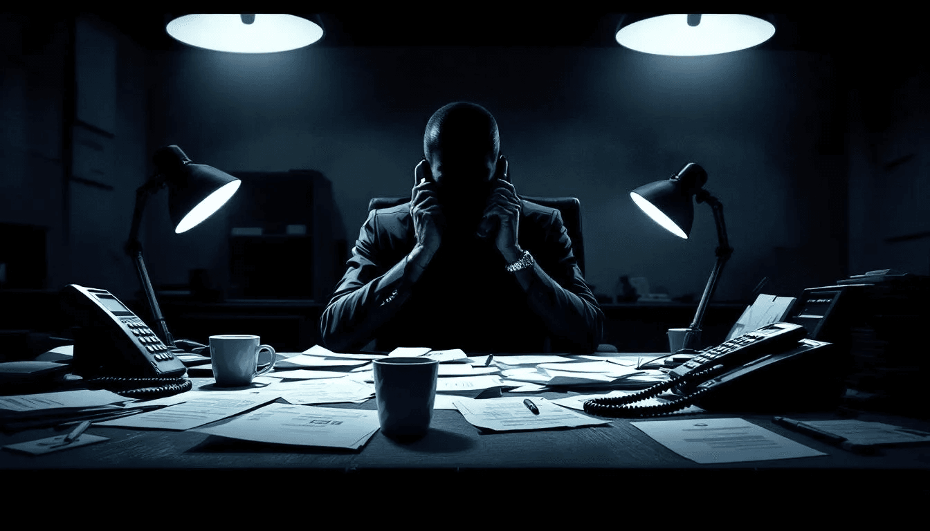 An illustration depicting various debt collection practices at work, including a blurred image of a debt collector making a call.