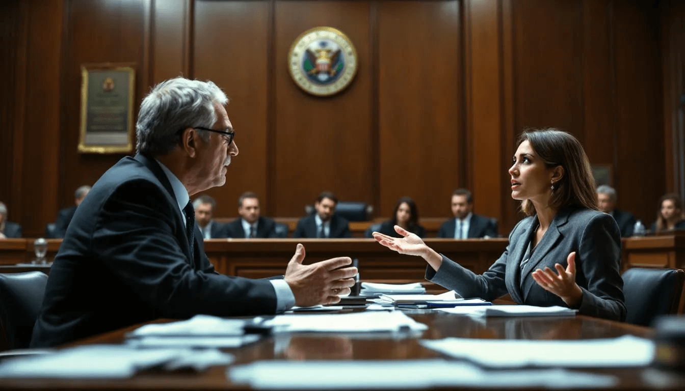 A courtroom scene depicting a lawsuit against a debt collector, showcasing the legal process.