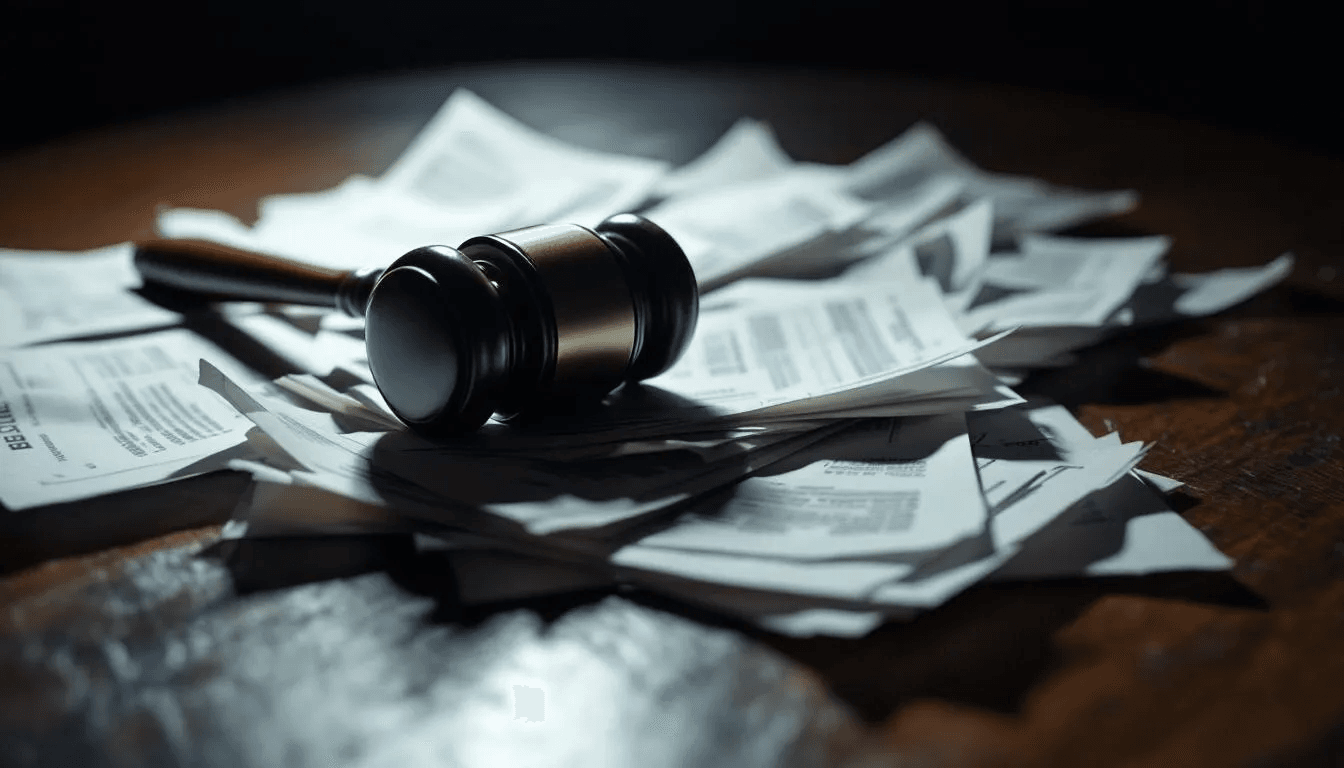 A stack of unpaid bills and a gavel symbolizing the consequences of ignoring a debt collection lawsuit.