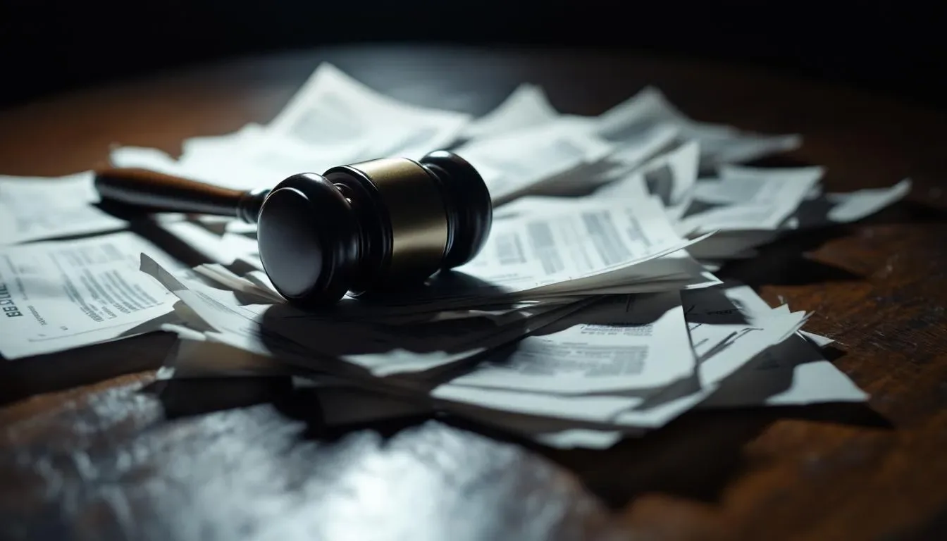 A stack of unpaid bills and a gavel symbolizing the consequences of ignoring a debt collection lawsuit.