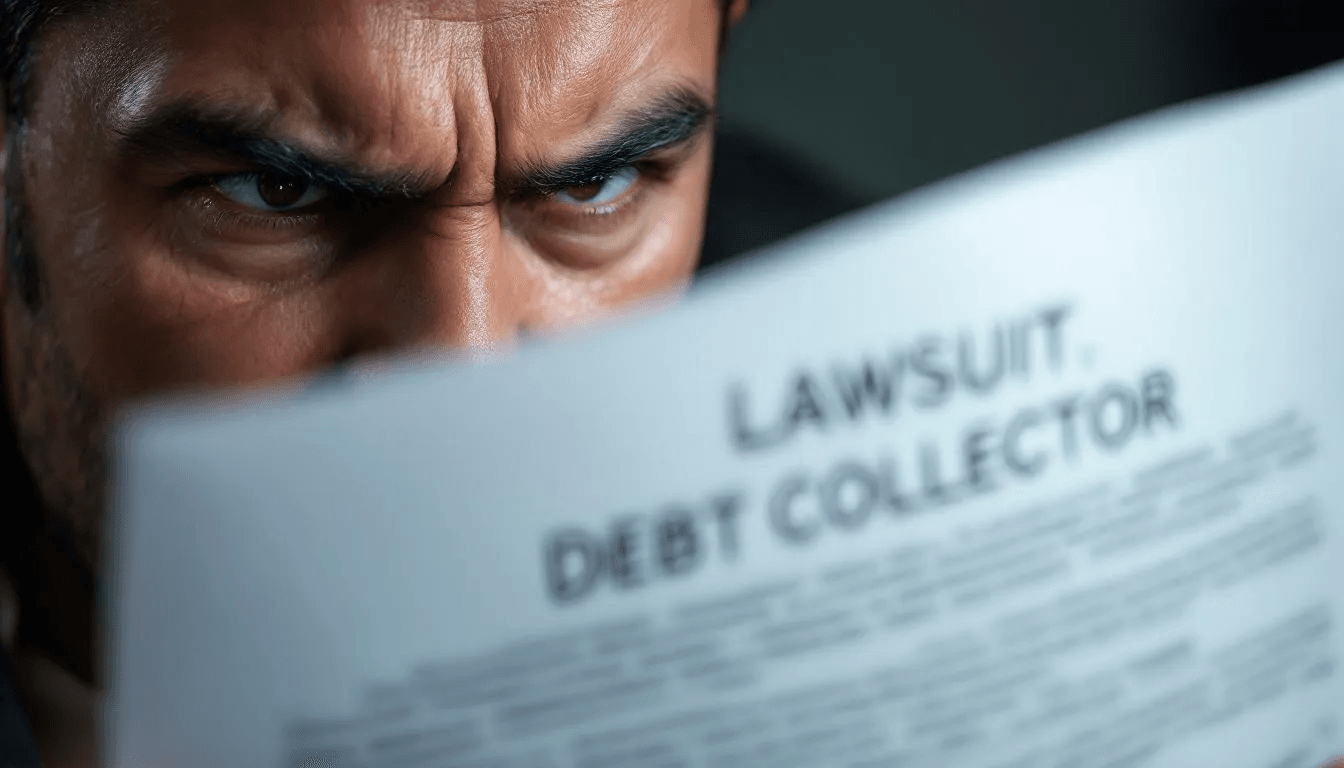 A person looking worried while reading a lawsuit document related to being sued by a debt collector.