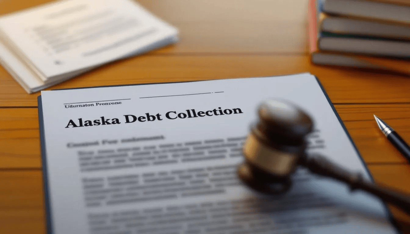 An overview of Alaska debt collection laws, featuring a blurred image of legal documents.