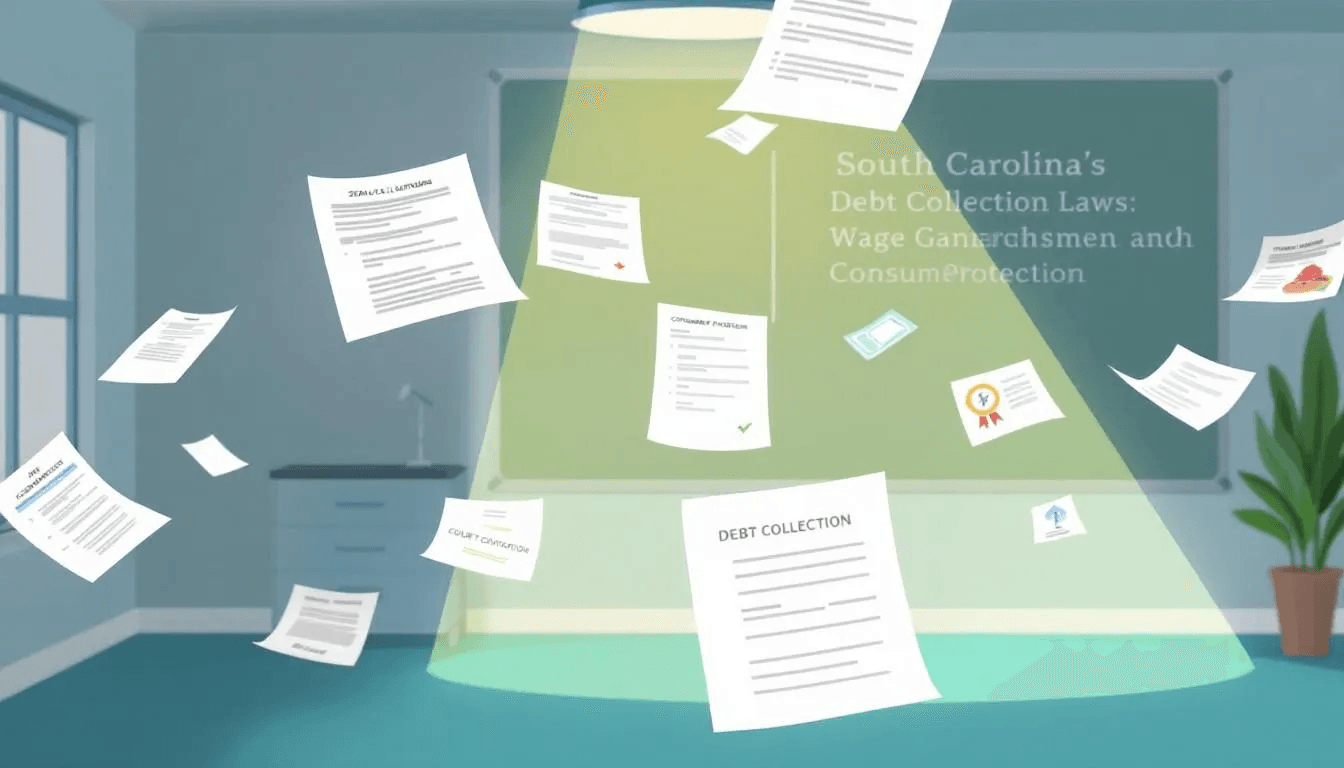 An overview of debt collection laws in South Carolina with imagery representing legal documents.