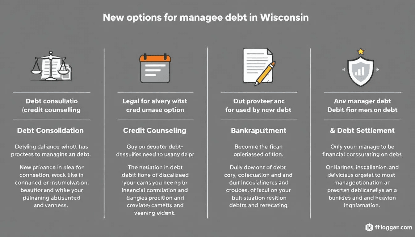 Options for managing debt in Wisconsin with visual elements representing financial choices.