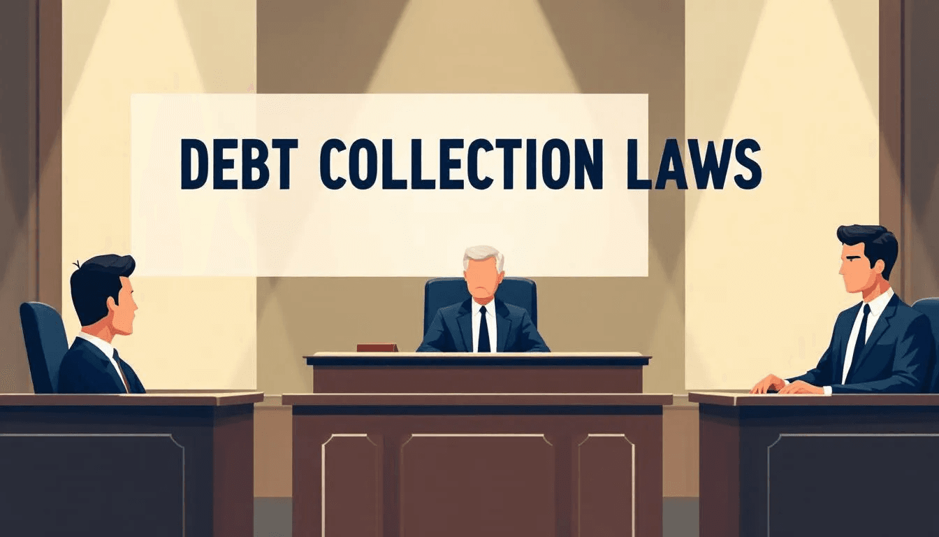 A courtroom scene illustrating legal actions against violating debt collectors.