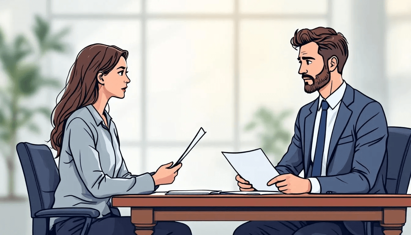 An illustration of hiring an attorney for debt issues, with a blurred image of a lawyer's office.