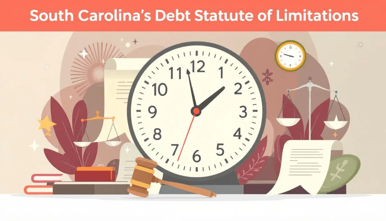 A representation of the statute of limitations on debt in South Carolina, featuring a clock.