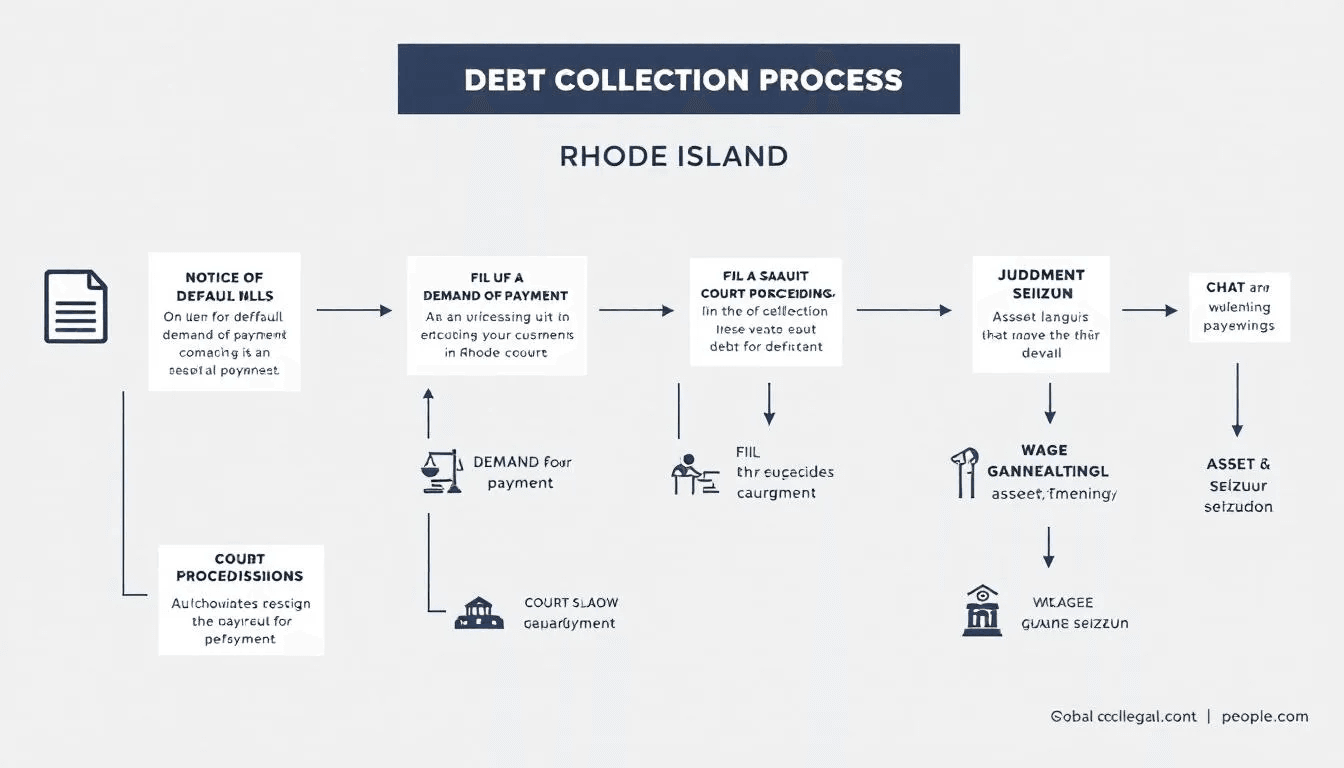 An illustration depicting the legal process for debt collection in Rhode Island.