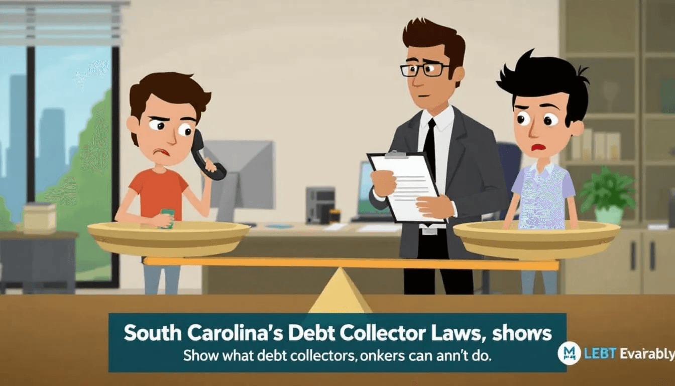An illustration depicting what debt collectors can and cannot do, featuring a balance scale.