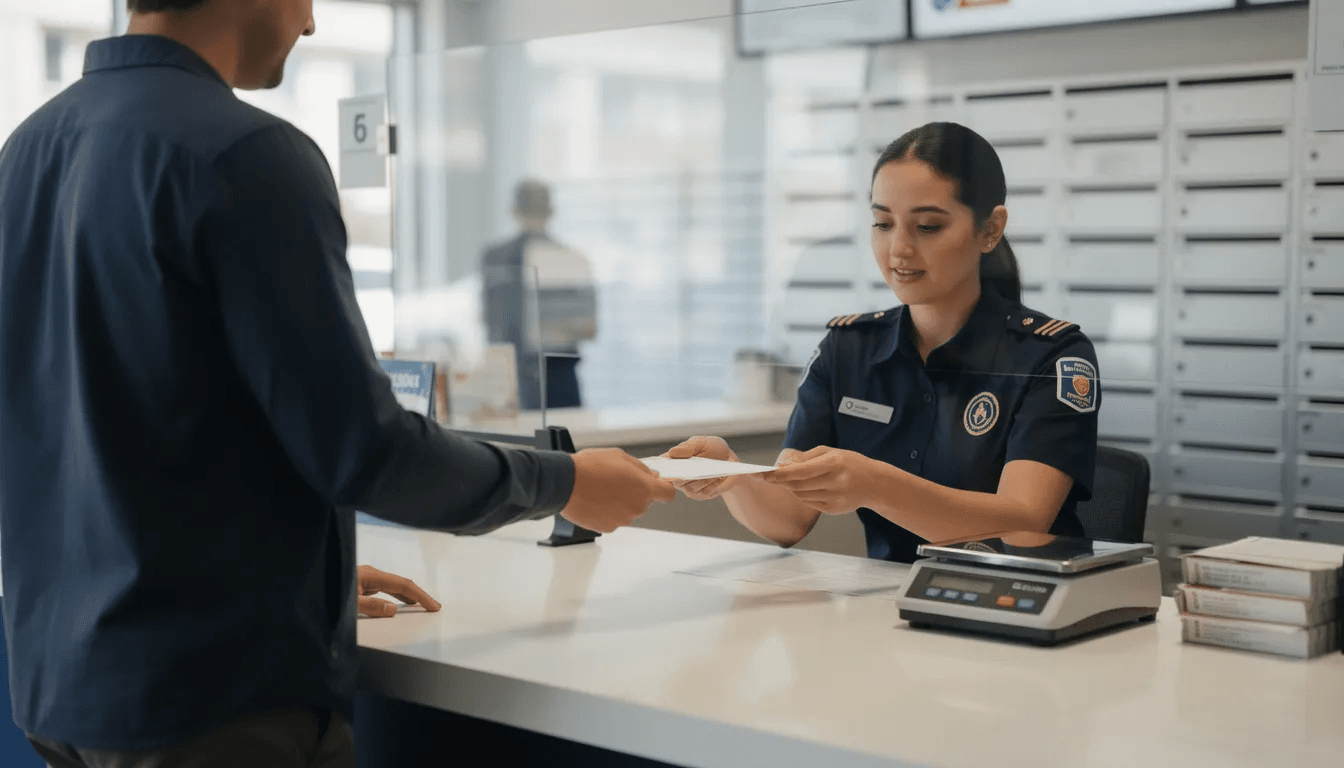 A person stands at a post office counter, handing over an envelope to mail, symbolizing the act of sending important documents, possibly related to debt collection or communication with a debt collection agency. The scene highlights the importance of fair debt collection practices and the need for consumers to understand their rights under federal debt collection laws.