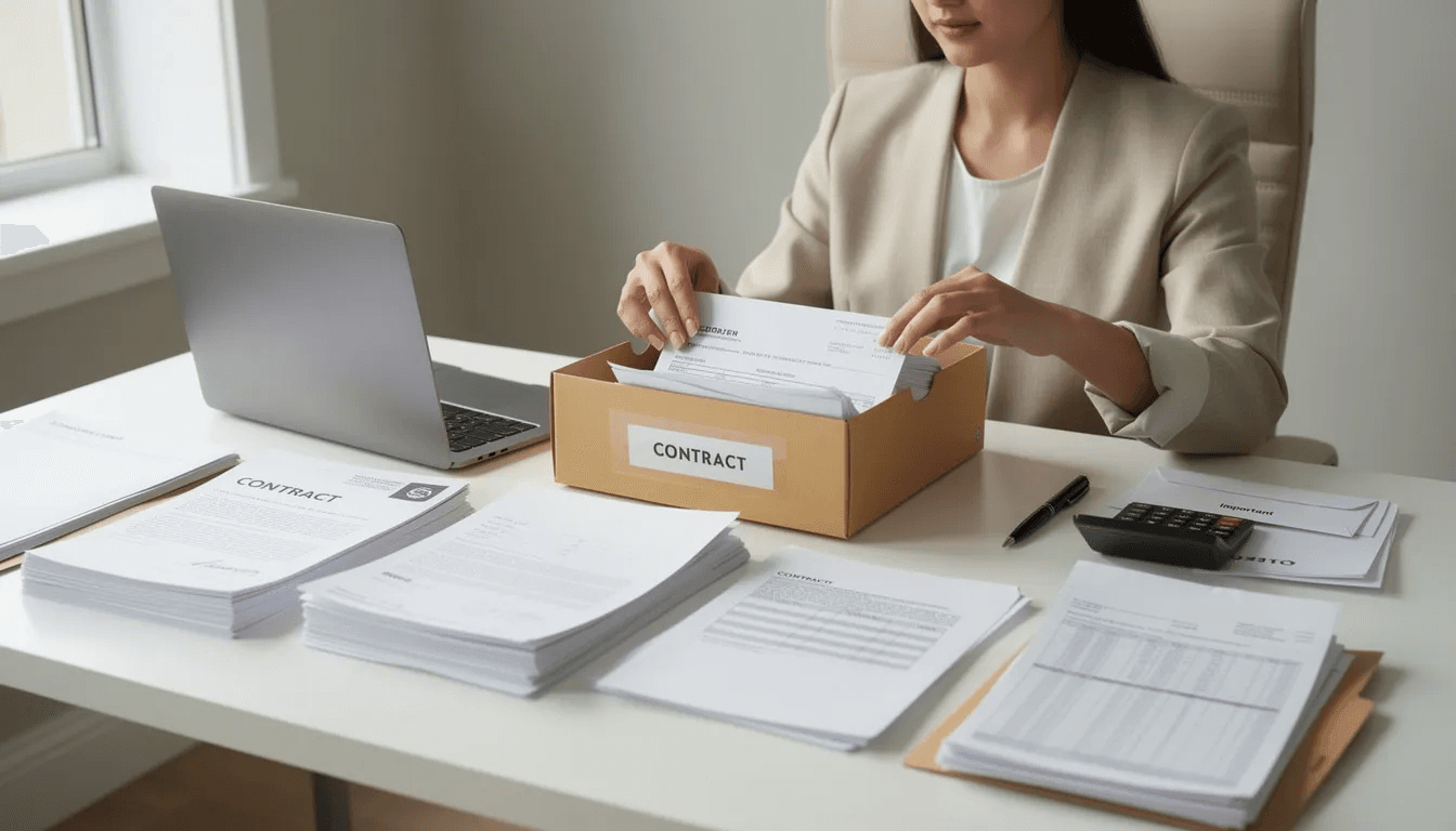 An individual is meticulously organizing a variety of important legal and financial documents in a file folder, which may include items such as credit reports, debt collection notices, and dispute letters to effectively manage their financial affairs and address any potential debt issues. The scene emphasizes the importance of keeping accurate documentation for communication with creditors and collection agencies.