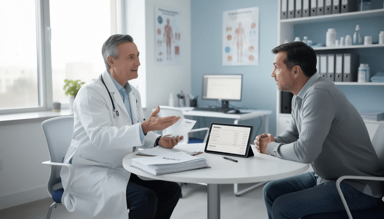 A medical professional is seated at a desk in an office, discussing medical bills and payment plans with a patient. The conversation likely touches on how unpaid medical debt can affect credit scores and the implications of debt collection practices on their credit report.