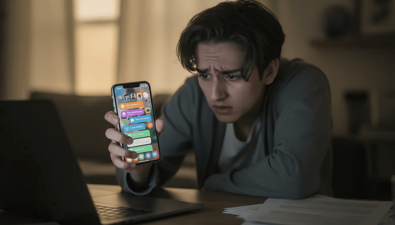 A stressed person is holding a smartphone displaying multiple notifications, likely indicating repeated phone calls or messages. The expression on their face suggests anxiety, possibly due to harassing phone calls from debt collectors or other unwanted communications.