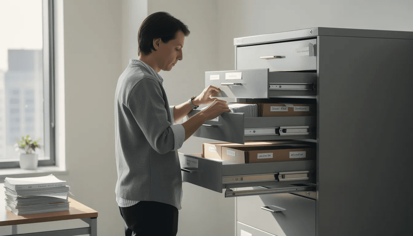 A person is seen organizing various documents in a filing cabinet, likely related to debt collection and legal matters, as they sort through papers that may include notices from debt collectors, credit reports, and other important financial information. This action reflects the need to manage unpaid debts and respond to collection agency communications effectively.