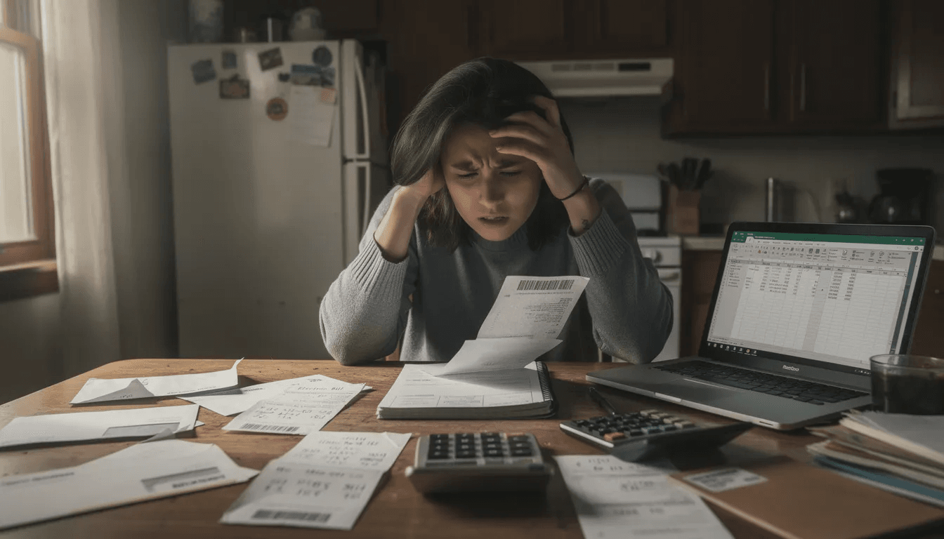 A worried person sits at a kitchen table, surrounded by bills and paperwork, contemplating their financial situation, which may include unpaid debts like credit card bills or medical expenses. The atmosphere suggests anxiety about potential consequences from debt collectors, such as court orders or even jail time for failing to pay obligations like child support or taxes.