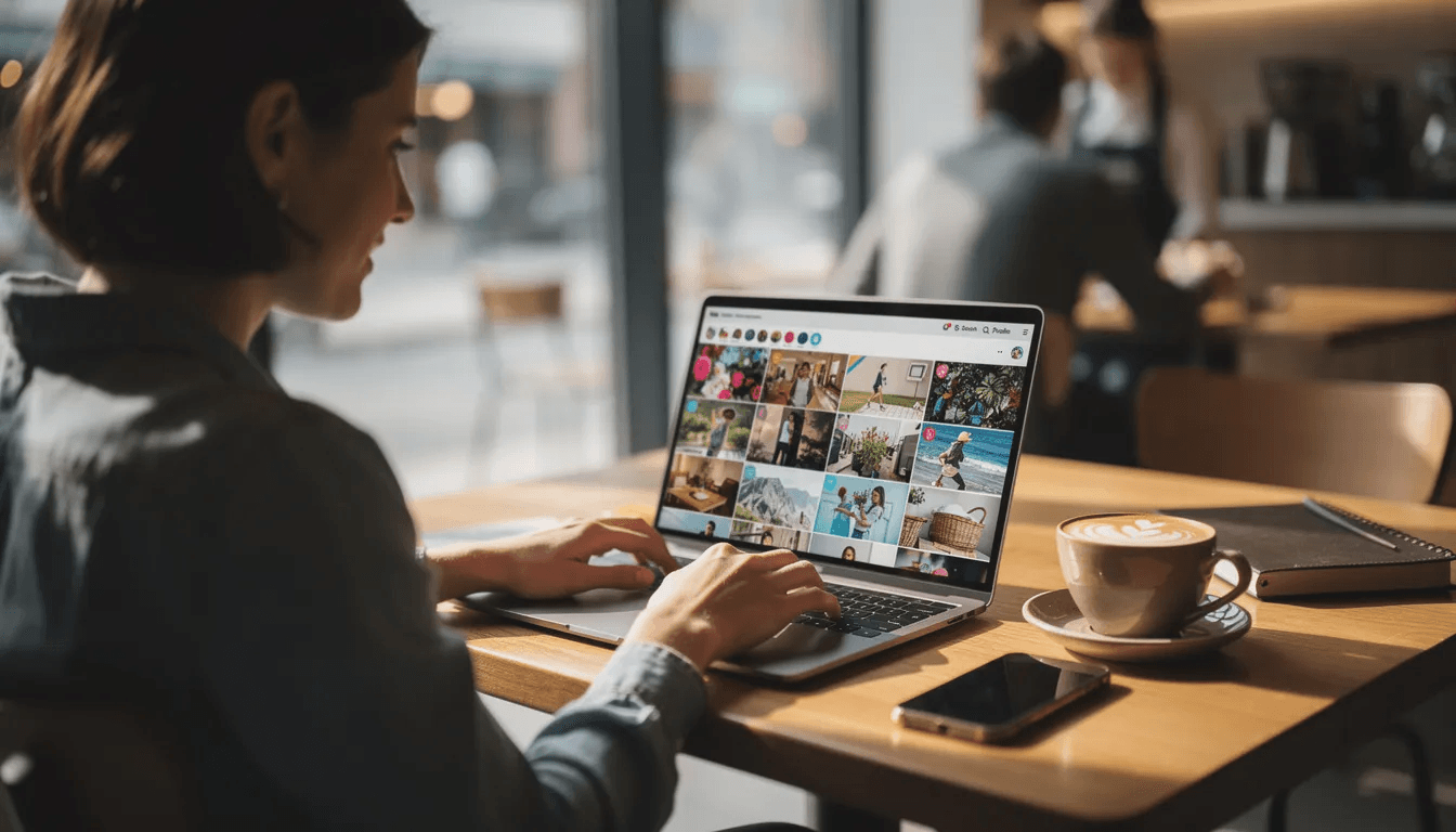 A person is sitting at a coffee shop, browsing a social media platform on their laptop, possibly checking messages or friend requests. The atmosphere is casual, with coffee cups on the table, while they engage with online content that may relate to debt collection practices or personal debts.