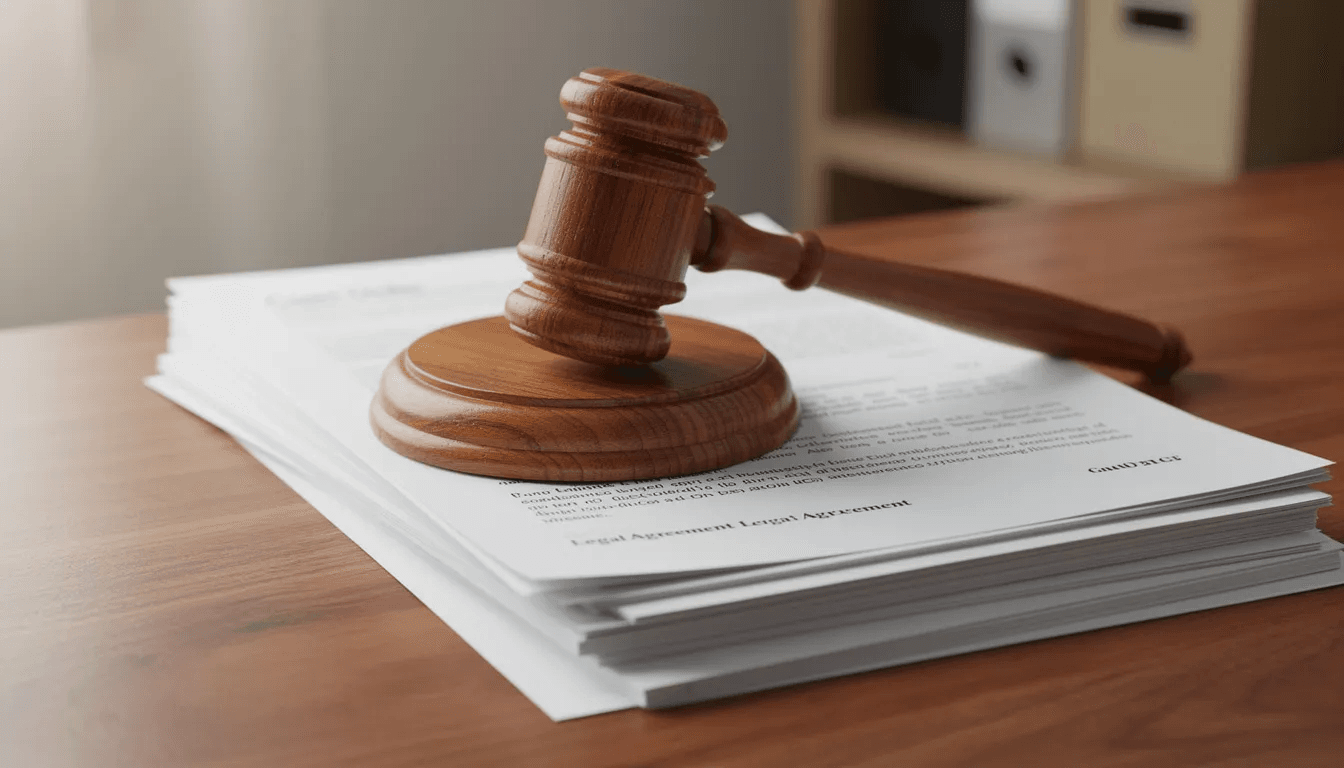 A wooden gavel is placed on a stack of legal documents on a desk, symbolizing the authority of legitimate debt collectors and the legal processes involved in debt collection. The scene evokes the seriousness of dealing with debts, highlighting the importance of understanding your rights against potential scams and threats from fake debt collectors.
