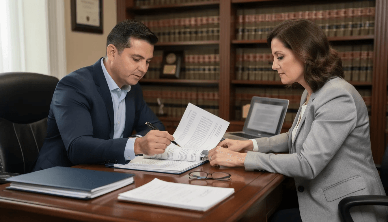 An attorney is seated at a desk with a client, both reviewing important documents related to debt collection practices. The meeting likely involves discussing consumer rights and strategies to address issues with debt collectors, including how to respond to collection calls and the protections offered under federal debt collection laws.
