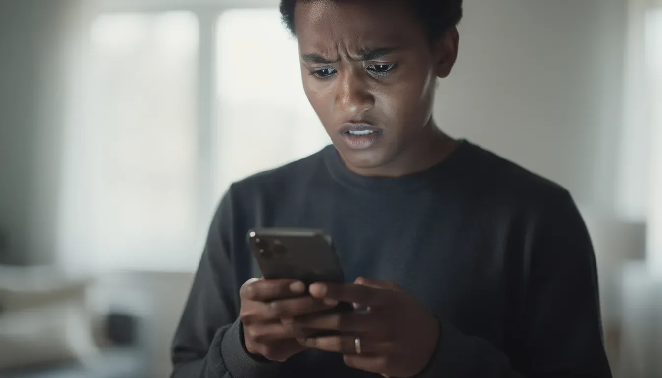 A person is staring at their smartphone with a puzzled or concerned expression, possibly contemplating the implications of debt collector texts or calls regarding their financial situation. This moment may reflect their worries about fair debt collection practices and the legalities involved, such as the Telephone Consumer Protection Act and the need to stay informed about their rights.