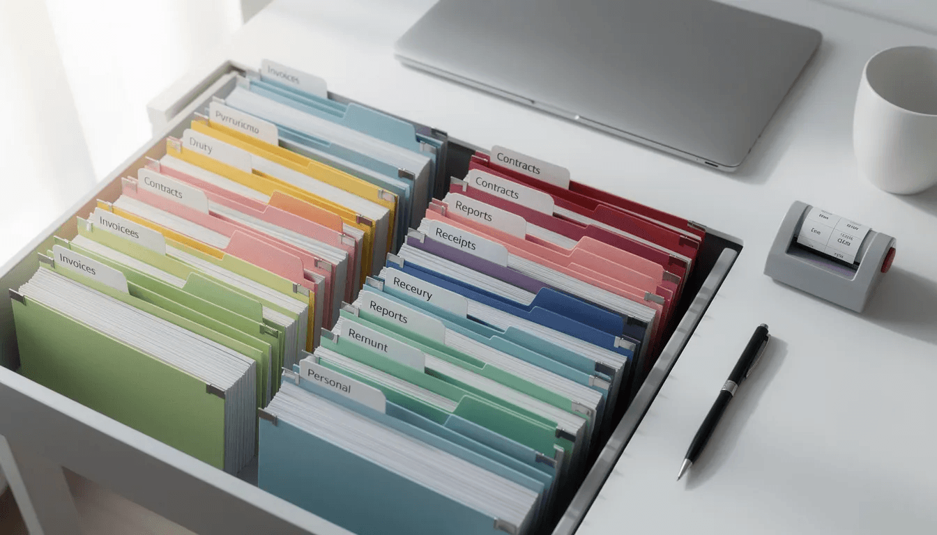 The image depicts an organized filing system featuring neatly labeled folders containing various documents related to debt collection practices. Each folder likely holds important information such as payment history, validation notices, and legal correspondence pertinent to managing unpaid debts and ensuring compliance with debt collection laws.