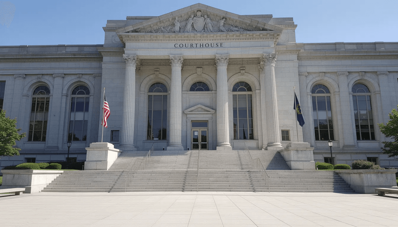 The image shows the exterior of a courthouse building, featuring grand stone columns and a wide staircase leading to the entrance. This setting symbolizes the legal authority involved in matters such as debt collection, where consumers may seek protection against fake debt collectors and scams.