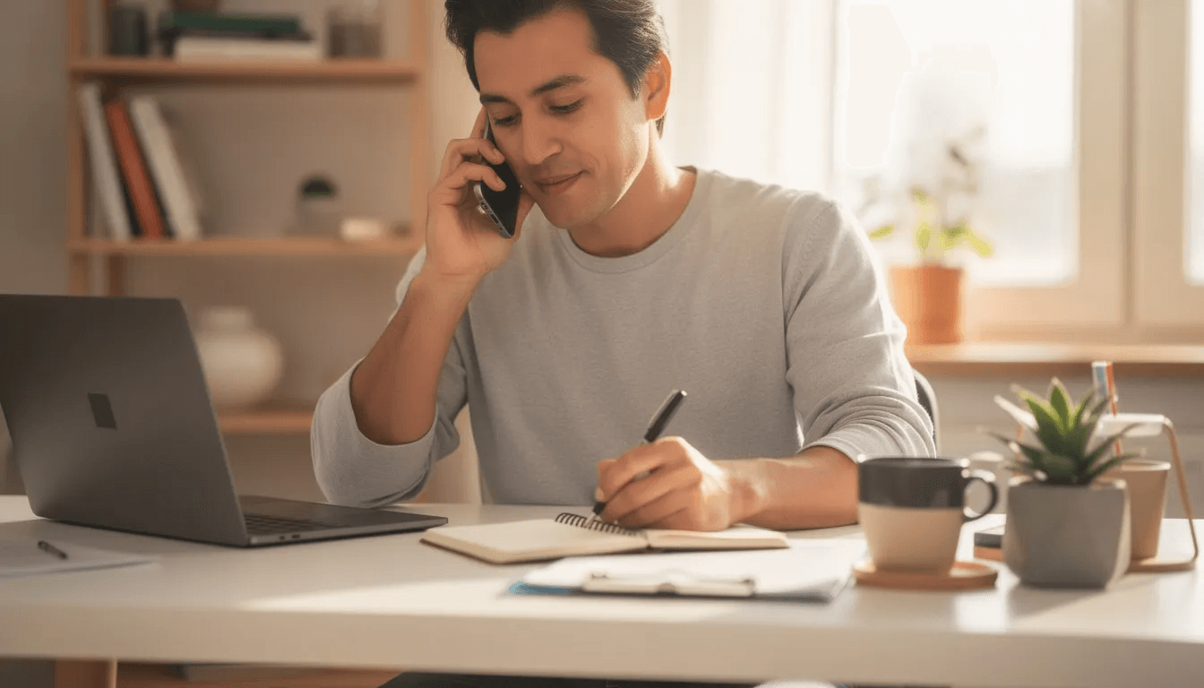 The image shows a person in a home office, engaged in a phone call while jotting down notes. The setting suggests a focus on legal matters, possibly related to personal injury claims or the statute of limitations for filing such cases.