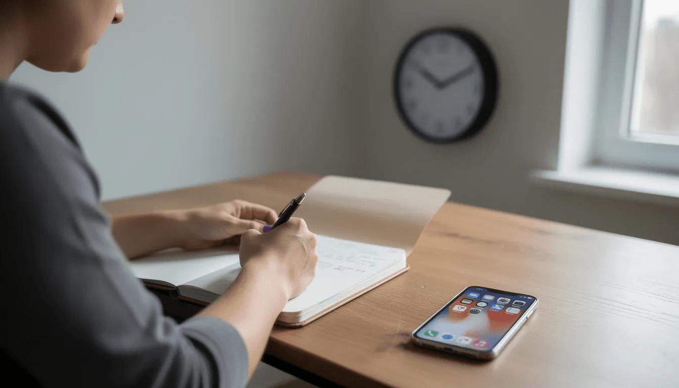 A person is seated at a desk, diligently writing notes with a phone nearby, while a clock on the wall indicates the time. This scene reflects a moment of focus, possibly related to understanding debt collection practices or preparing for debt collector calls.