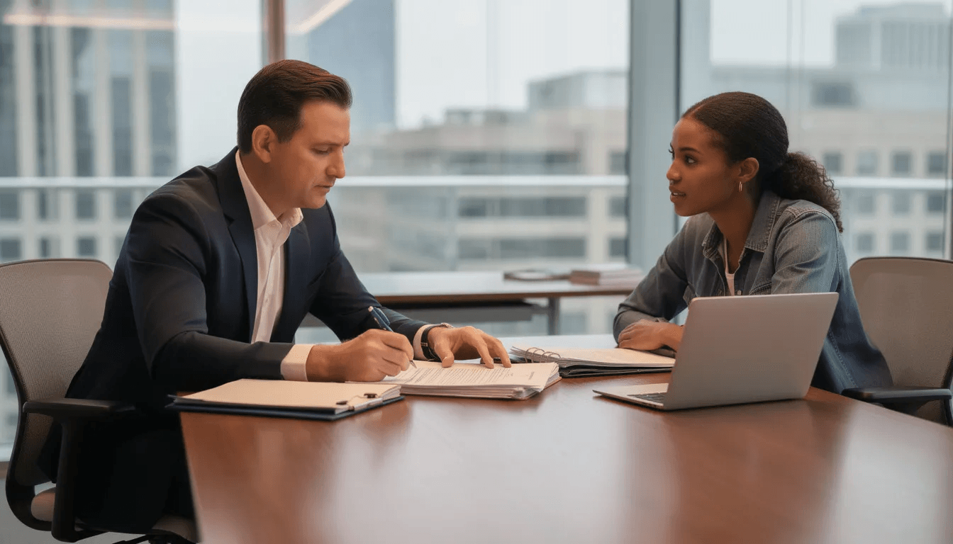A lawyer and client are engaged in a professional meeting, reviewing important documents related to debt validation and collection practices. The setting suggests a serious discussion about the client's rights under federal law, including the process of requesting verification from debt collectors.