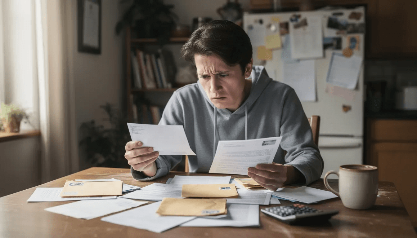 A concerned person sits at home, reviewing mail and documents that likely include overdue accounts and notices from debt collectors. The expression on their face suggests anxiety about their financial health and the potential impact of debt collection practices on their situation.