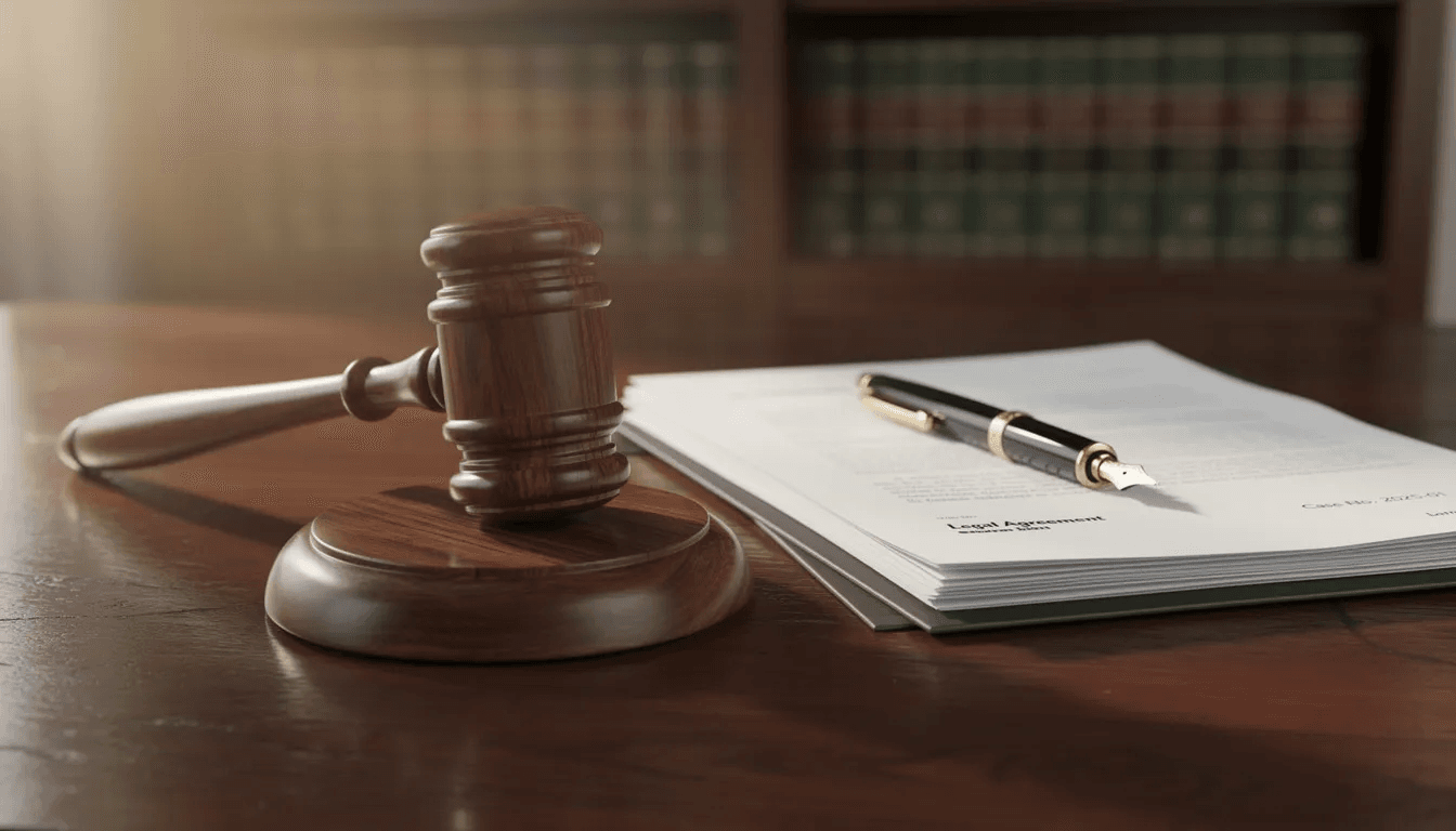 The image depicts a wooden gavel resting on a desk alongside several legal documents, symbolizing the legal aspects of debt collection practices. This scene reflects the serious nature of dealing with unpaid debts and the role of collection agencies in pursuing payments.