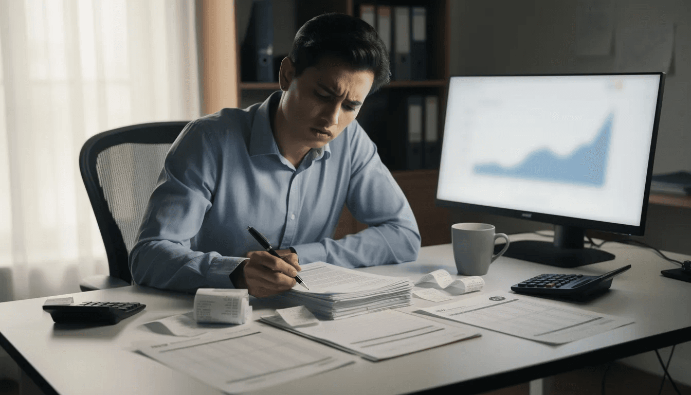 A concerned person is sitting at a desk, reviewing financial documents that likely include a credit report and debt collection notices. Their expression suggests they are contemplating how to dispute the debt or verify the accuracy of the information provided by the credit reporting agencies.