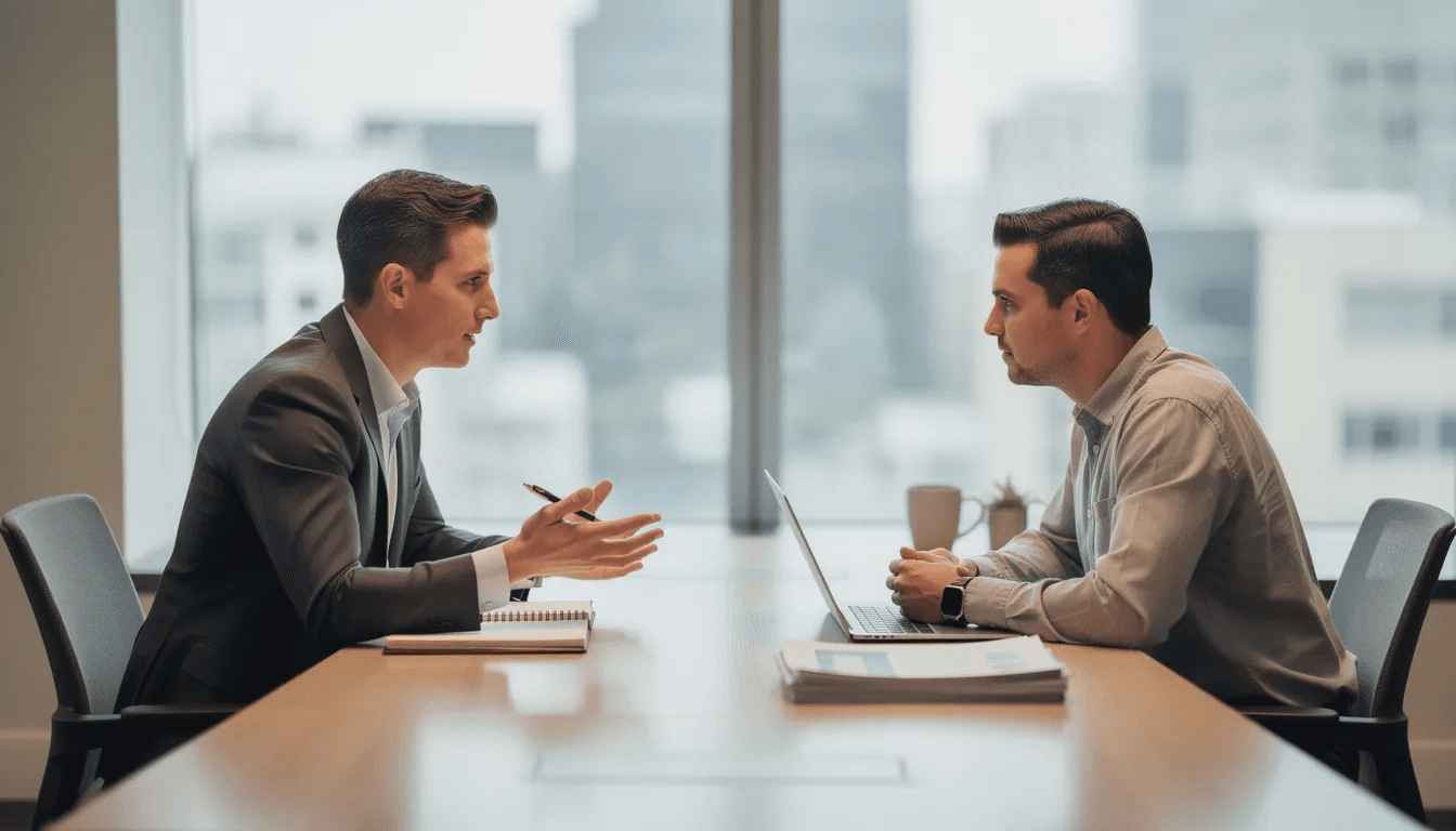 The image shows two individuals engaged in a professional consultation inside an office, discussing a personal financial matter. This setting could relate to topics such as managing debt, debt collection practices, or seeking advice on how to handle debt collector calls.