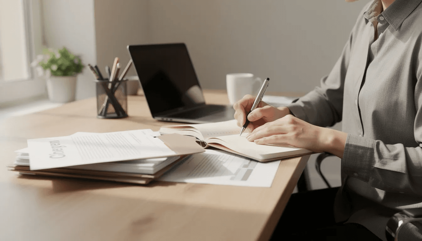 A person is seated at a desk, diligently organizing documents related to unpaid medical bills and taking notes on financial assistance programs. The scene reflects the importance of understanding medical debt collection laws and the fair debt collection practices that protect consumers from debt collectors.