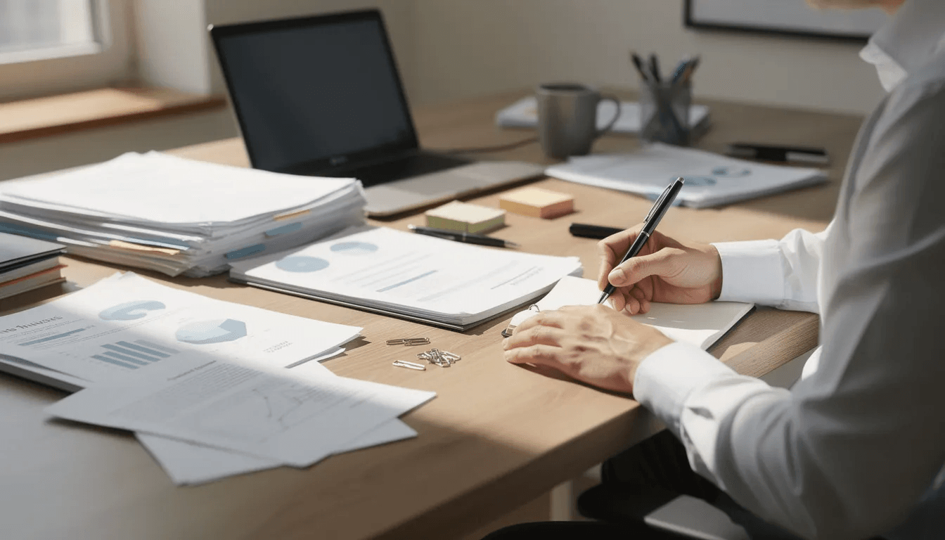A person is sitting at a desk, taking notes while surrounded by various documents, possibly related to debt collection strategies and overdue accounts. The scene reflects a focused effort to manage financial obligations and ensure effective debt recovery practices.