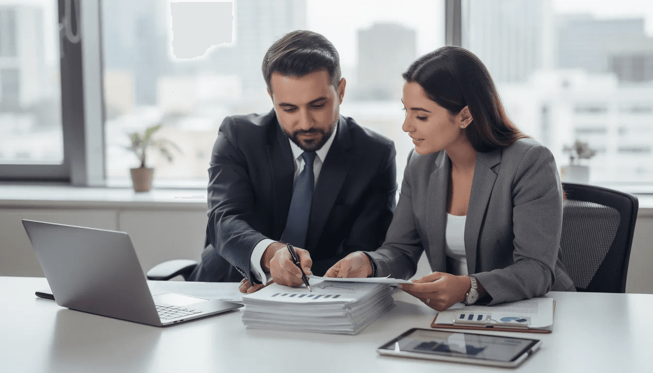 In a professional meeting, a client and advisor sit together at a table, reviewing documents related to outstanding debt and payment options. They discuss the client's credit report and potential strategies for managing multiple debts, ensuring adherence to fair debt collection practices.