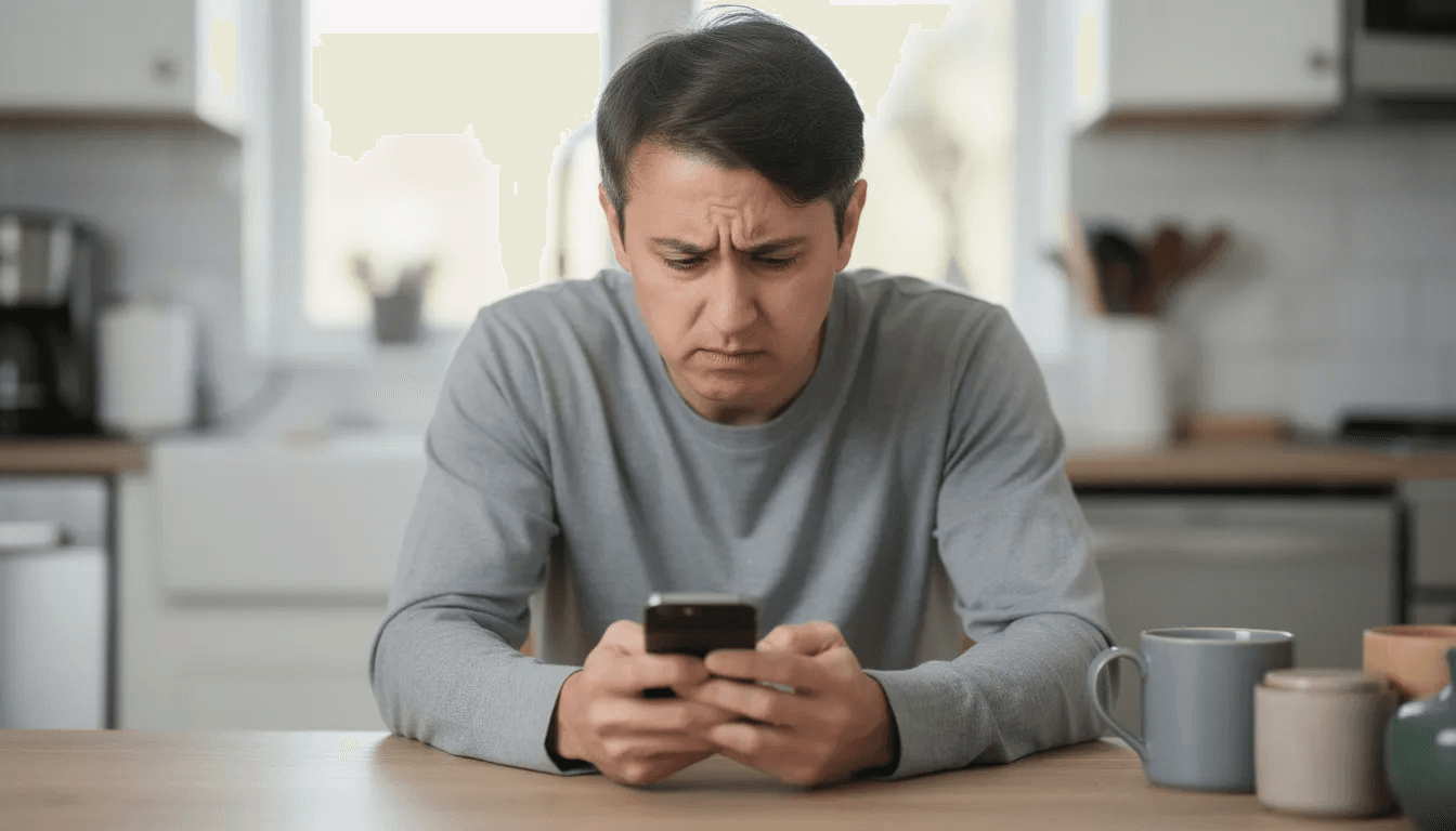 A person with a concerned expression is sitting at a kitchen table, looking intently at their smartphone, possibly receiving a voicemail message from a debt collector regarding unpaid debts. The atmosphere suggests anxiety about debt collection practices and the potential implications of the communication.