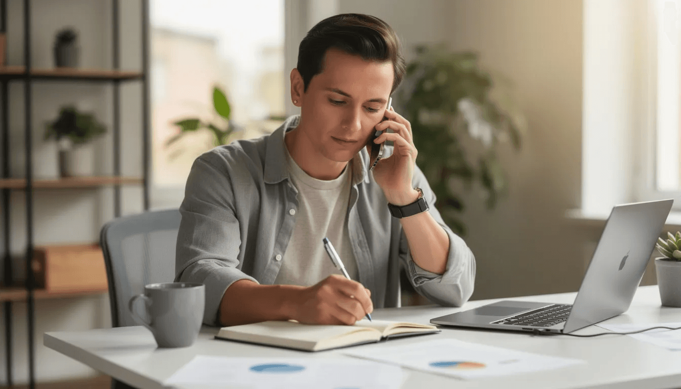 A person is sitting at a desk, taking notes while engaged in a phone call, possibly discussing their financial situation or dealing with a debt collector regarding unpaid debts. The individual appears focused, likely addressing issues related to credit card debt or a payment plan.