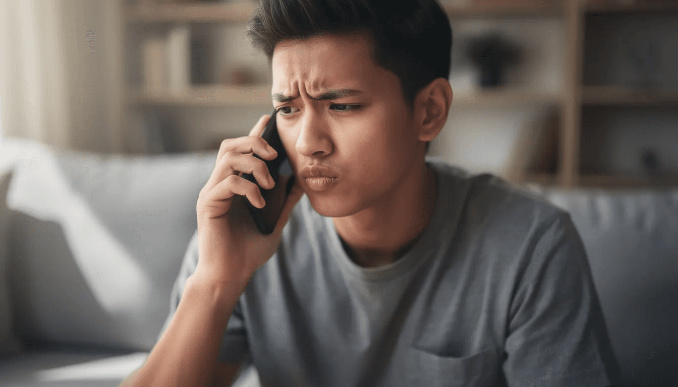 A person is looking skeptically at their smartphone while on a phone call, possibly discussing matters related to debt collection or garnishment of wages. The expression suggests they are concerned about the implications of a payment plan or legal obligations, such as paying child support or handling federal debts.