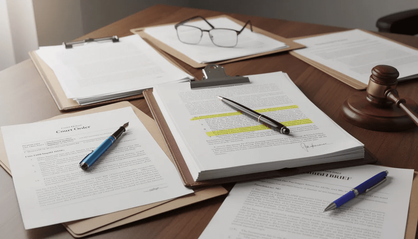 The image shows a cluttered desk filled with various legal documents and court papers, including notices related to unpaid debt, debt collection letters, and court orders. This scene reflects the serious nature of financial situations, where individuals may face legal actions from creditors regarding consumer debt, such as credit card debt or unpaid taxes.