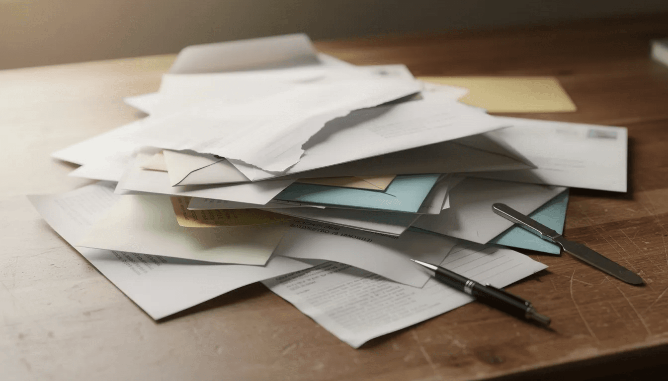 The image shows a cluttered desk with a stack of opened mail and envelopes, which may contain important documents related to unpaid debts, such as notices from debt collection agencies or credit reporting companies. This scene highlights the potential stress of dealing with debt collector calls and the importance of understanding debt collection laws.