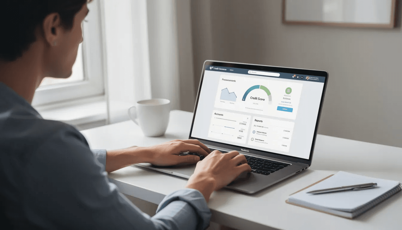 A person is sitting at a desk, using a laptop computer to check their credit report online, likely reviewing information related to debt collection practices and verifying details from credit reporting agencies. The scene suggests a focus on managing financial health and understanding any negative information that may be present in their credit file.