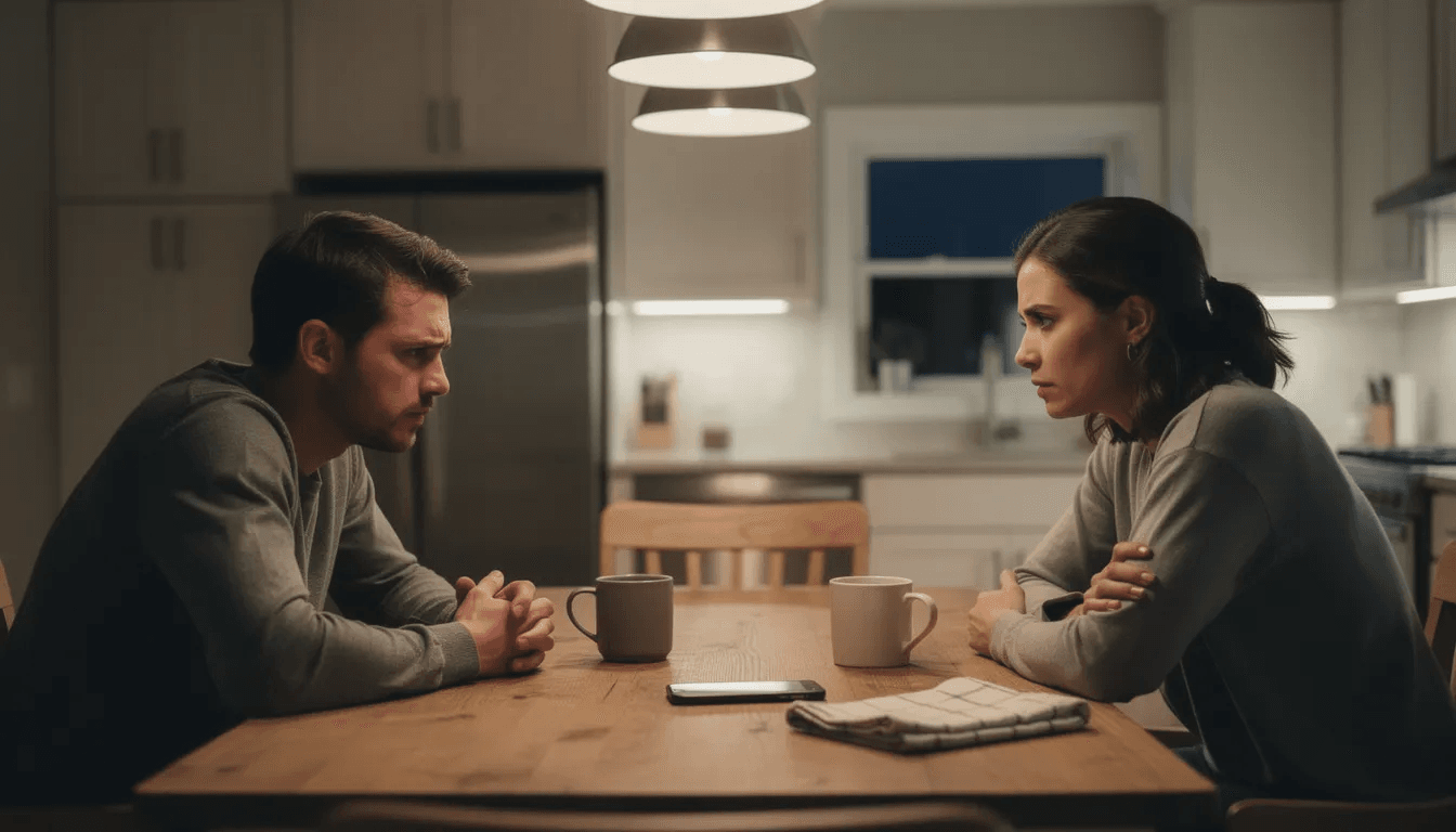 The image shows two individuals engaged in a serious conversation across a kitchen table, likely discussing financial issues such as debt collection or credit card debt. Their expressions convey the weight of the topic, possibly related to debt collection laws and the stress of managing financial problems.