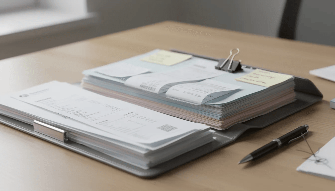 The image shows a neatly organized folder containing various documents and receipts on a desk, suggesting careful management of financial matters related to consumer debts. This setup may help individuals keep track of their credit reports, payment plans, and communications with debt collectors, which is crucial for avoiding issues like wage garnishment or potential legal action.