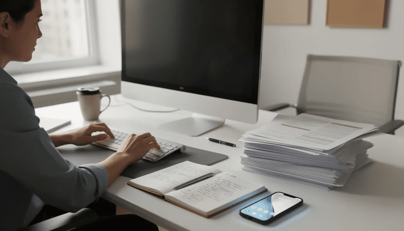 A person is seated at a desk, working intently on a computer surrounded by documents and a phone, possibly engaged in tasks related to debt collection or managing personal financial information. The setting suggests a professional environment where legitimate debt collectors might handle inquiries or disputes regarding debts.